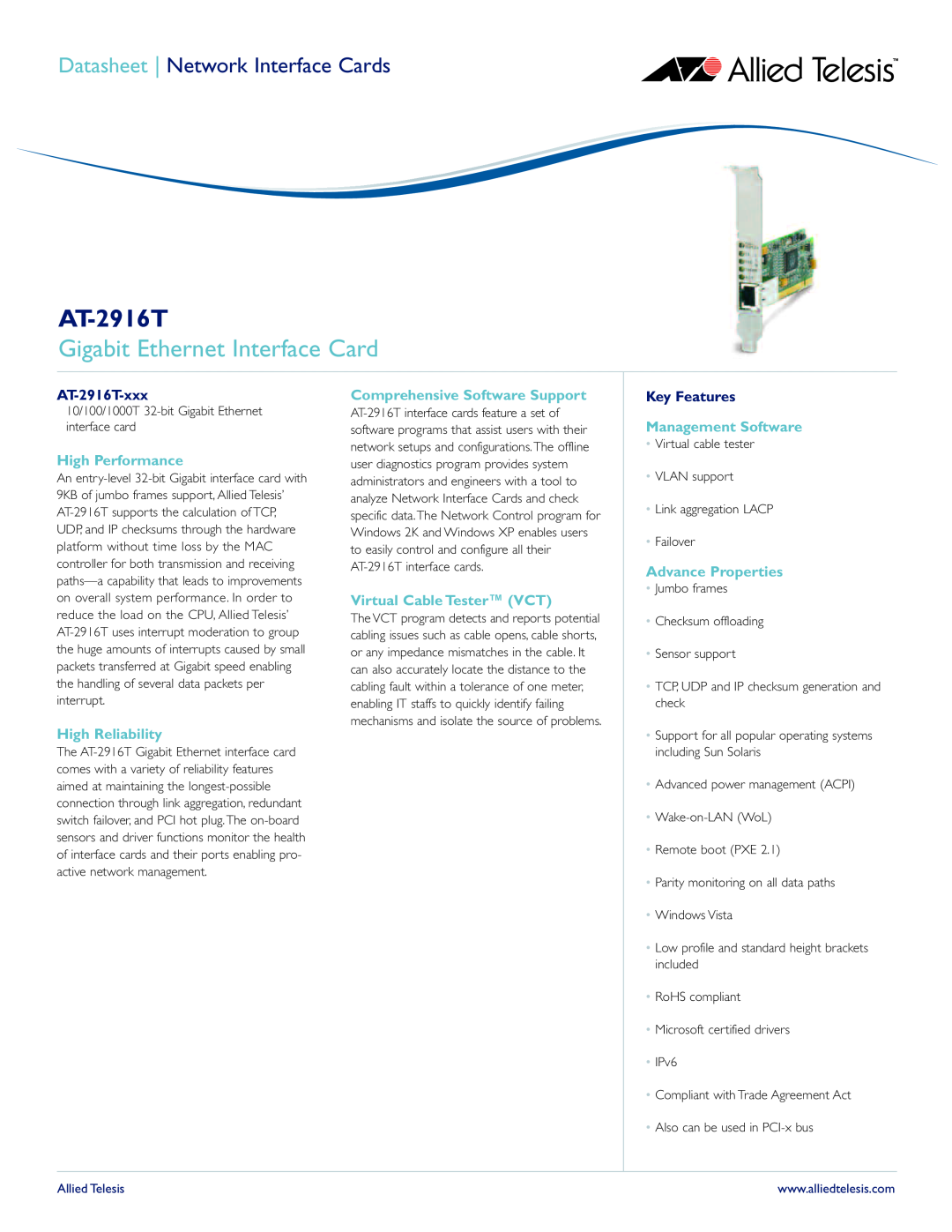 Allied Telesis manual Gigabit Ethernet Interface Card, AT-2916T-xxx, Key Features, Datasheet Network Interface Cards 