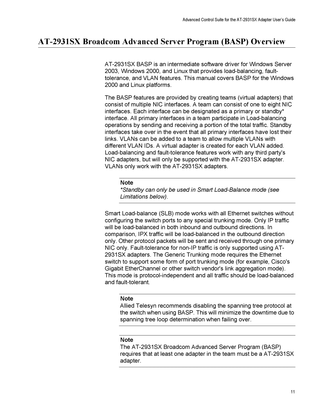 Allied Telesis manual AT-2931SX Broadcom Advanced Server Program Basp Overview 