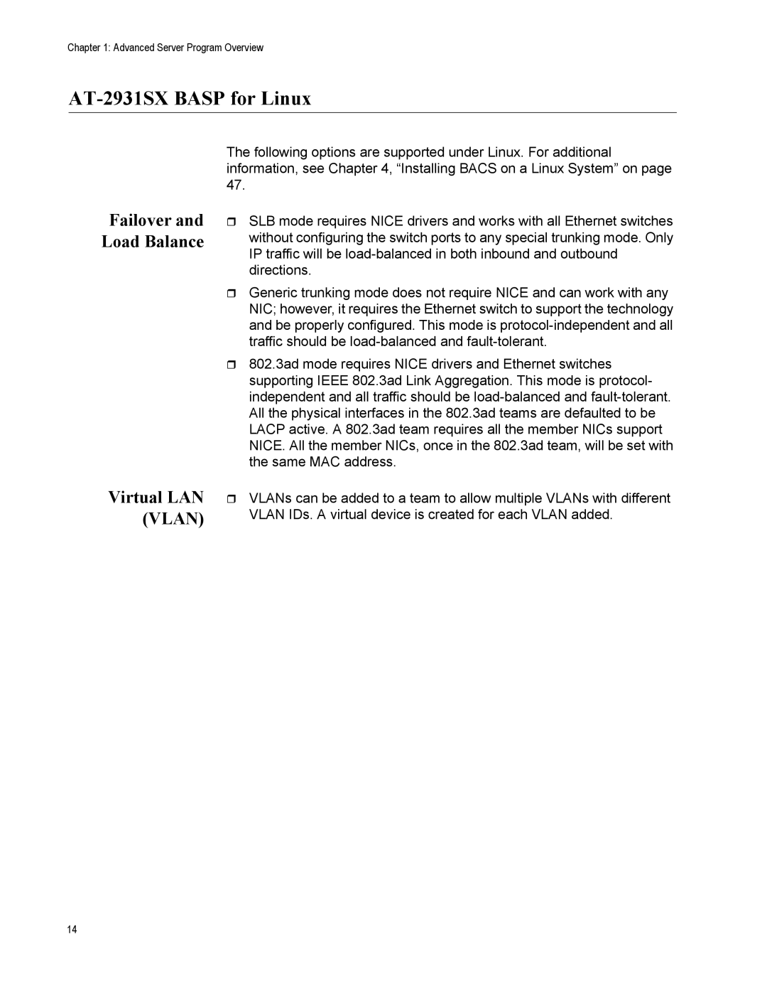 Allied Telesis manual AT-2931SX Basp for Linux, Virtual LAN Vlan 