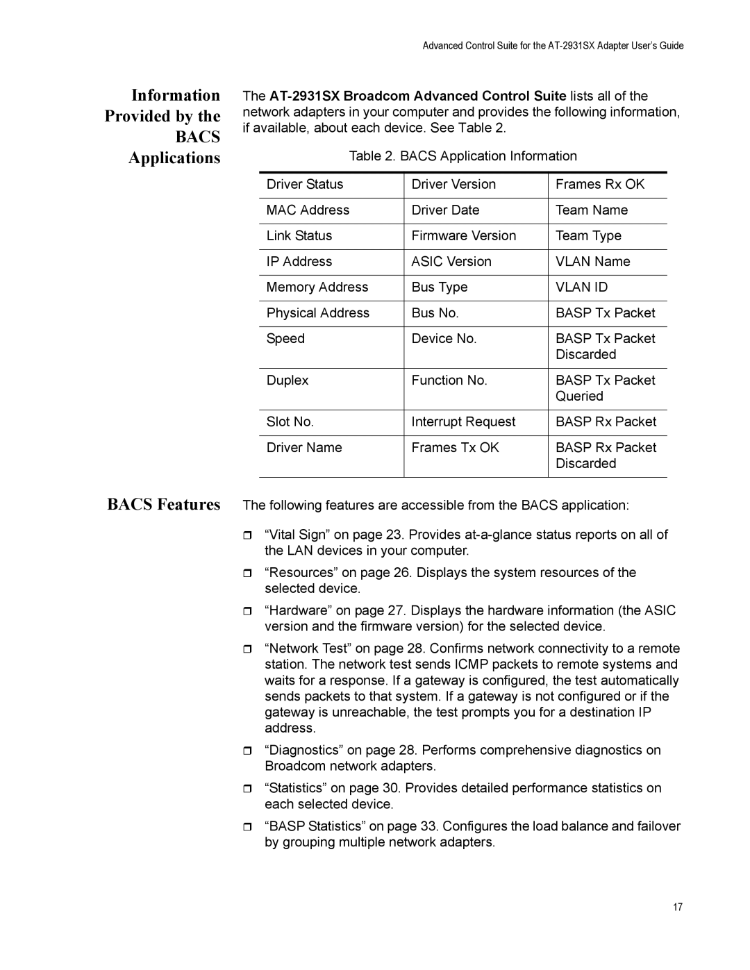 Allied Telesis AT-2931SX manual Information Provided by Bacs Applications Bacs Features, Vlan ID 