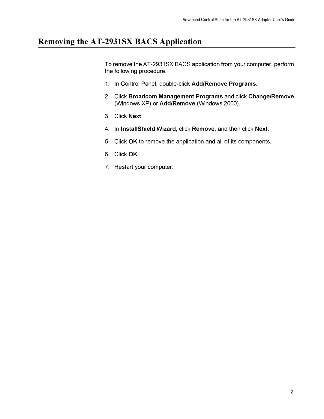 Allied Telesis manual Removing the AT-2931SX Bacs Application, InstallShield Wizard, click Remove, and then click Next 