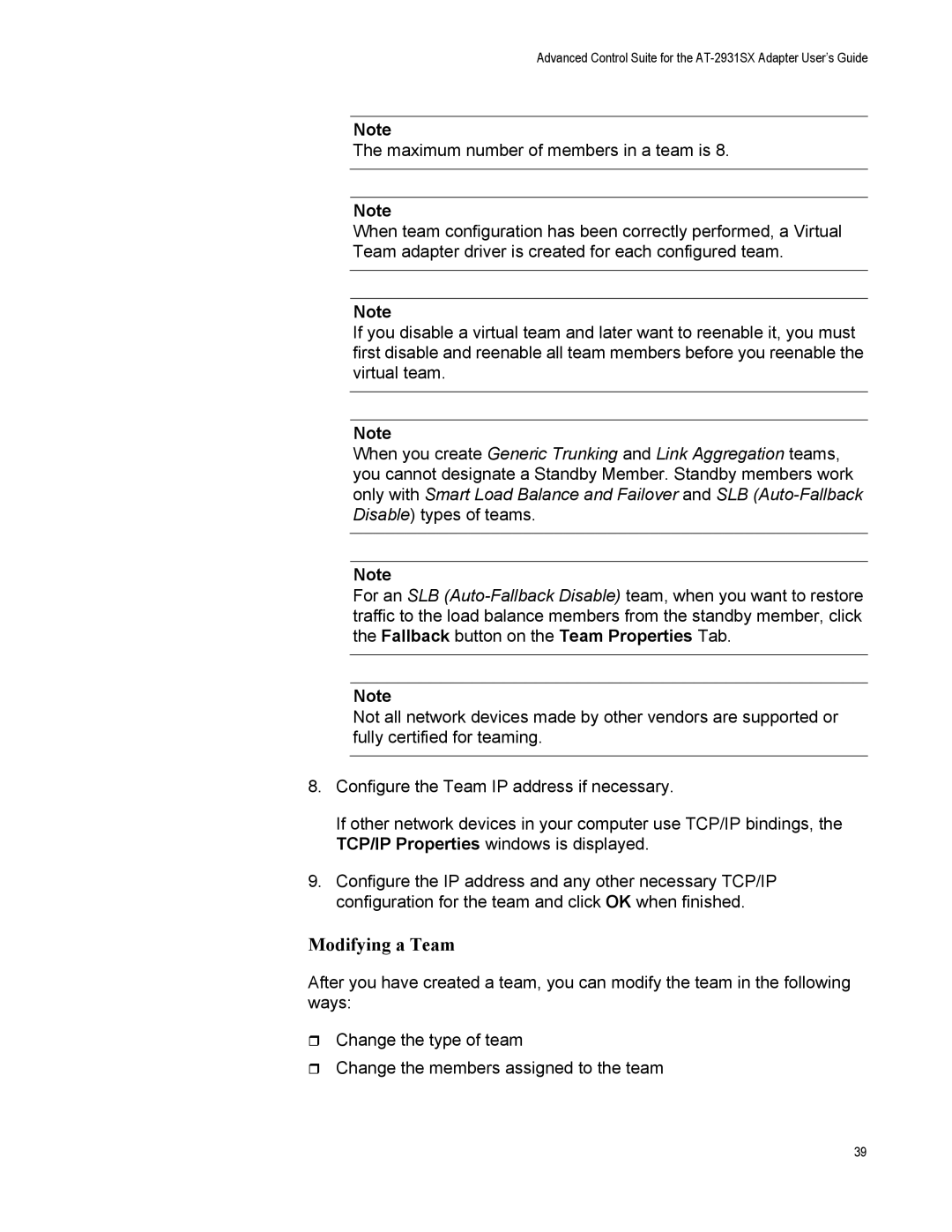 Allied Telesis AT-2931SX manual Modifying a Team 