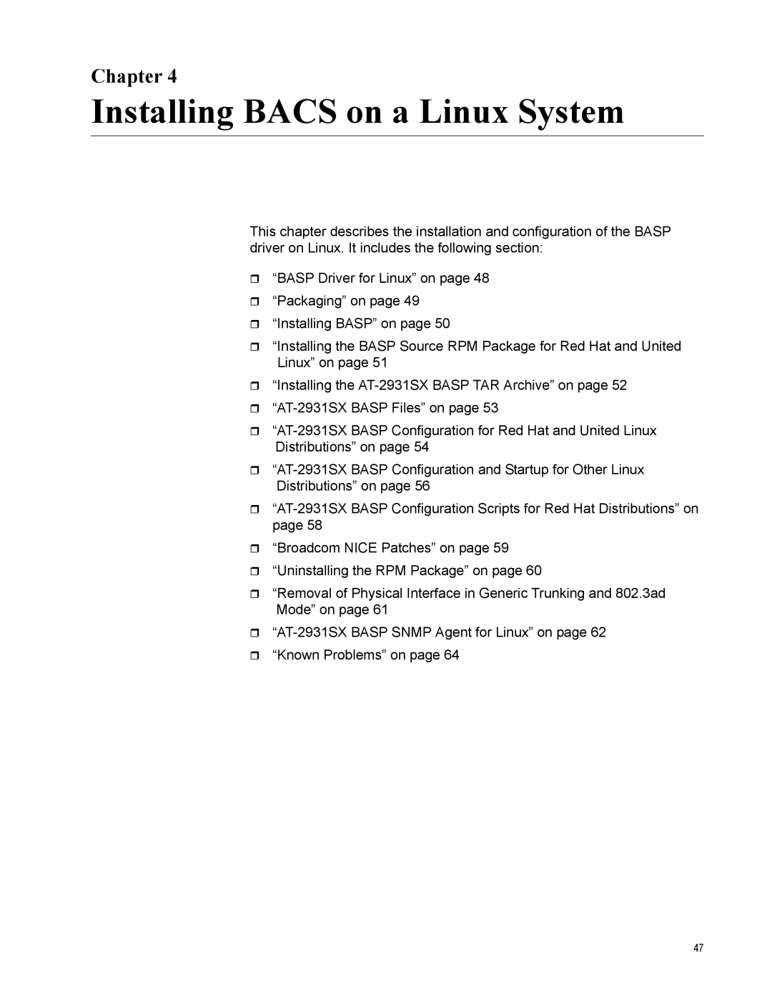 Allied Telesis AT-2931SX manual Installing Bacs on a Linux System, Chapter 