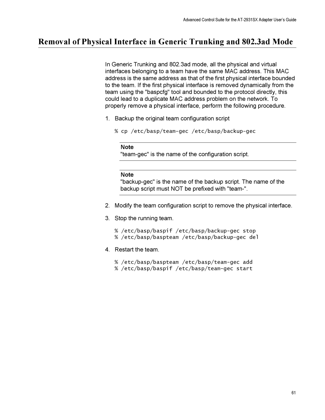 Allied Telesis AT-2931SX manual Backup the original team configuration script 