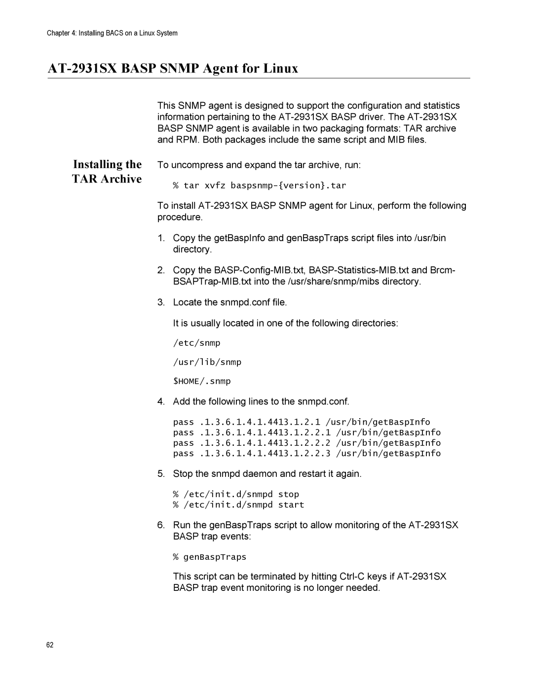 Allied Telesis manual AT-2931SX Basp Snmp Agent for Linux, Installing the TAR Archive 