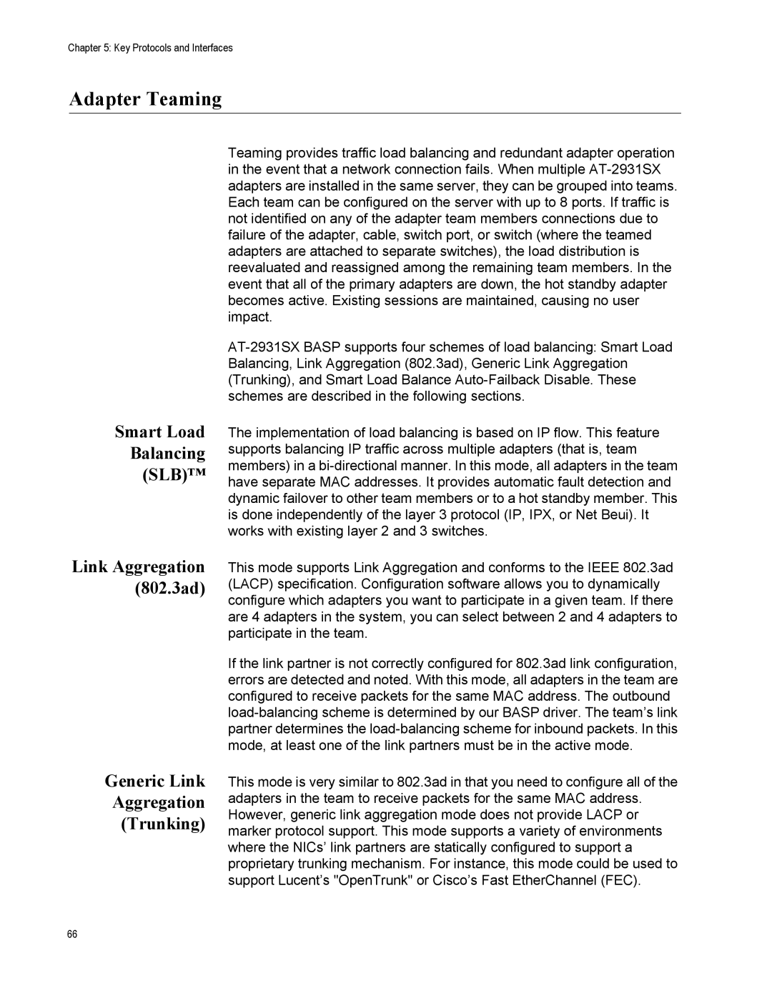 Allied Telesis AT-2931SX manual Adapter Teaming, Smart Load Balancing SLB, Generic Link Aggregation Trunking 