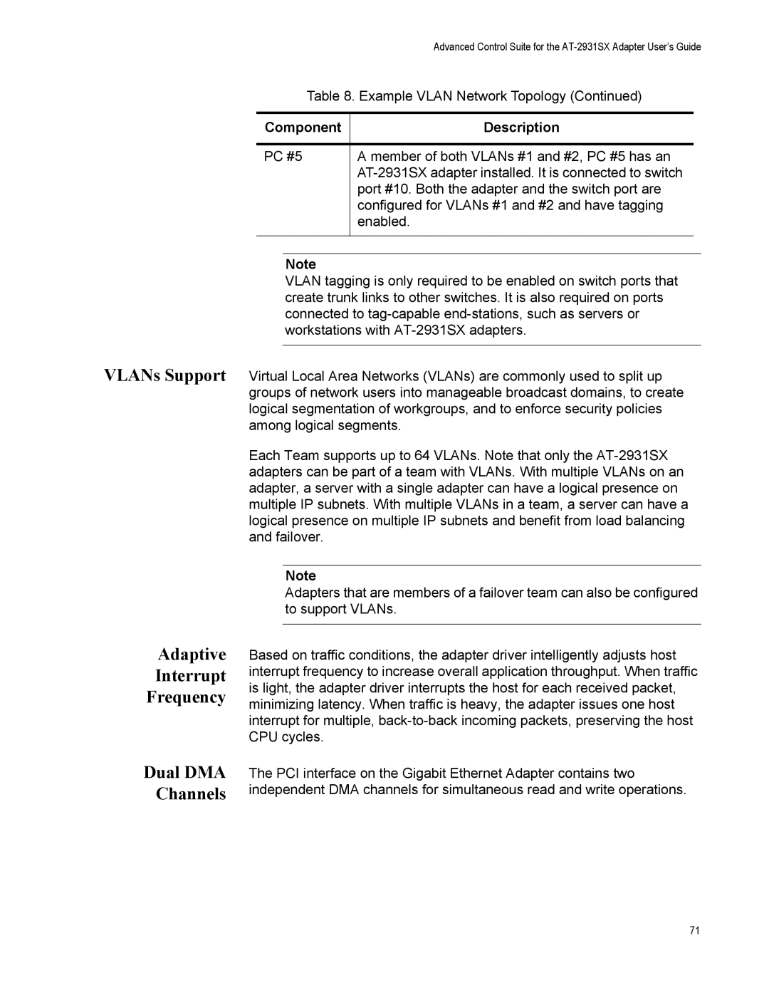 Allied Telesis AT-2931SX manual VLANs Support Adaptive Interrupt Frequency Dual DMA Channels 