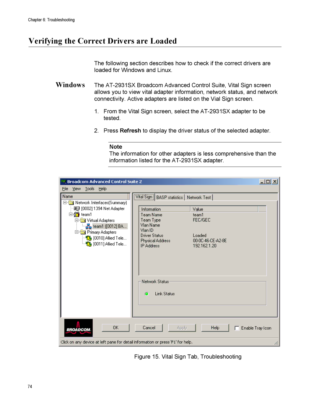 Allied Telesis AT-2931SX manual Verifying the Correct Drivers are Loaded, Vital Sign Tab, Troubleshooting 