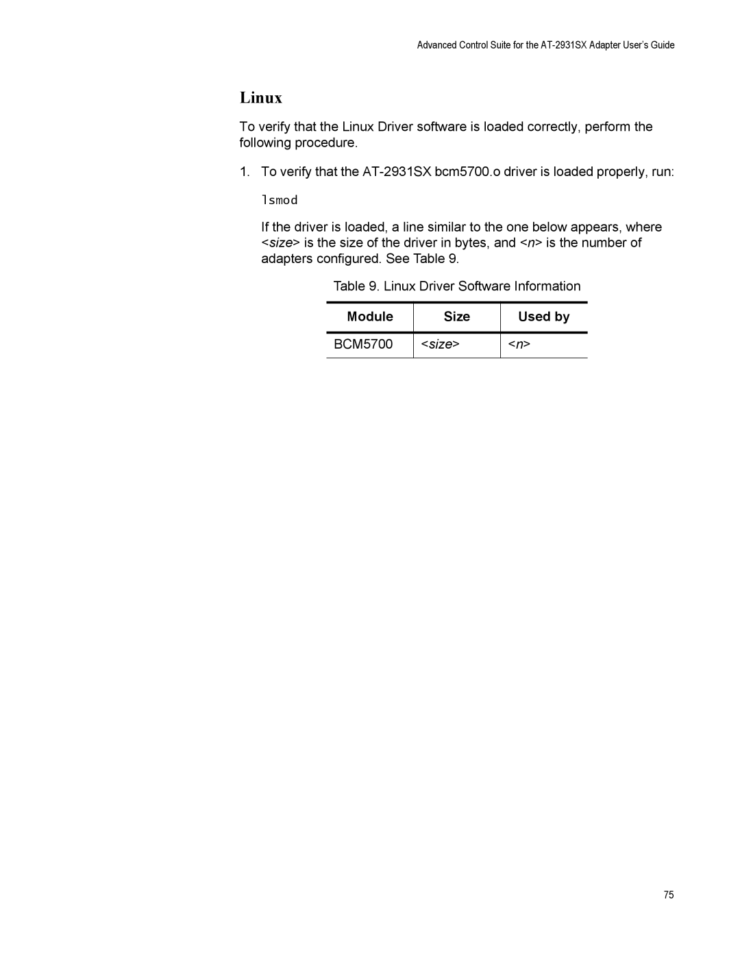 Allied Telesis AT-2931SX manual Linux, Module Size Used by 