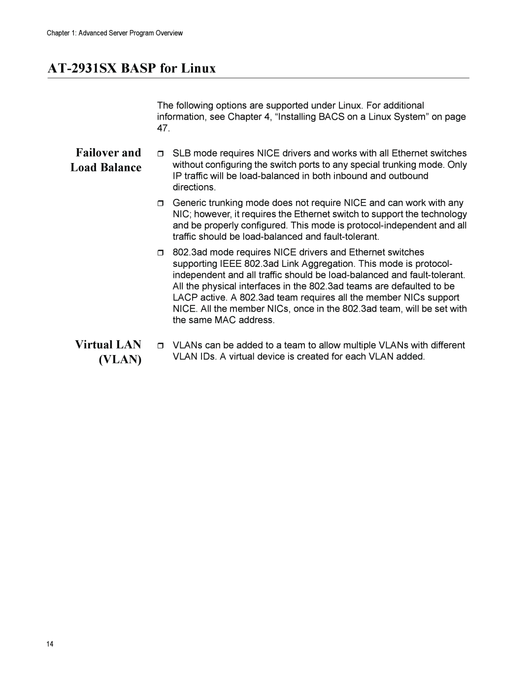 Allied Telesis manual AT-2931SX BASP for Linux, Virtual LAN VLAN, Failover and Load Balance 