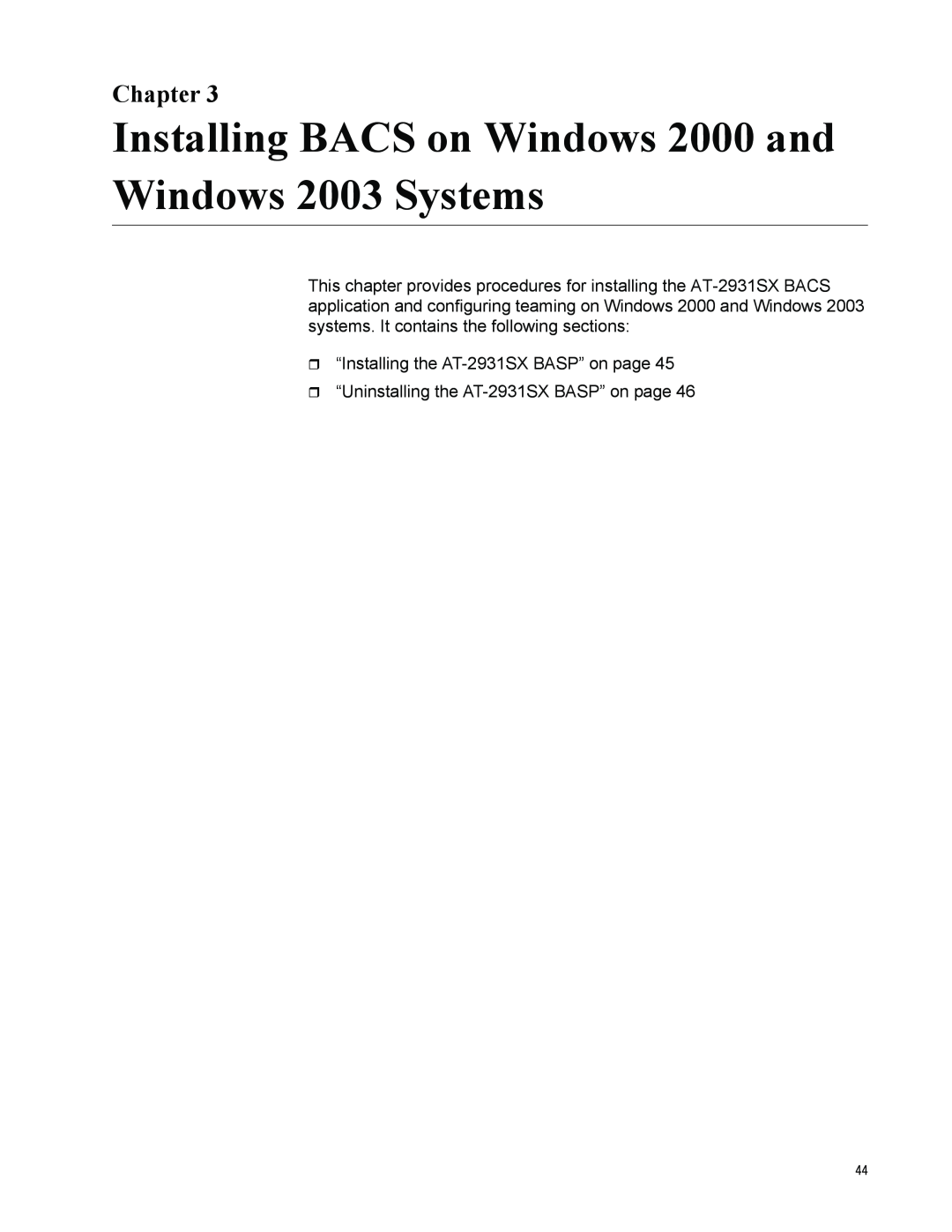 Allied Telesis AT-2931SX manual Installing BACS on Windows 2000 and Windows 2003 Systems, Chapter 