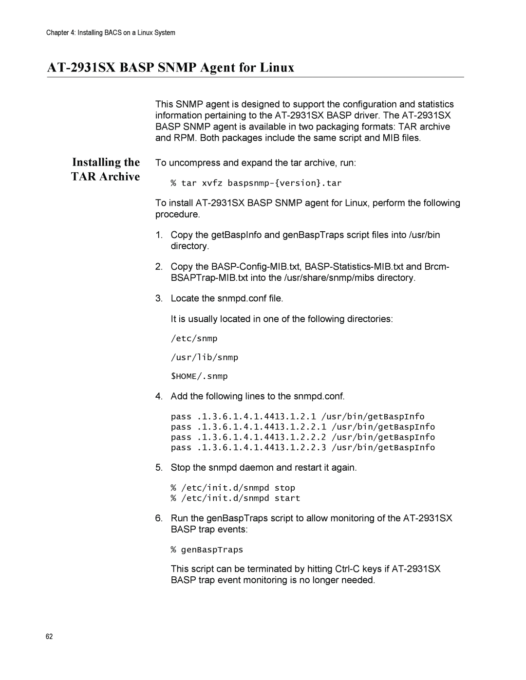 Allied Telesis manual AT-2931SX BASP SNMP Agent for Linux, Installing the TAR Archive 