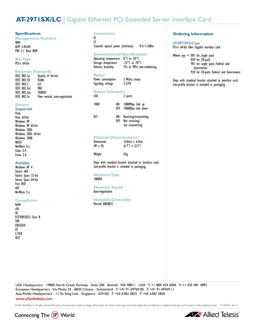 Allied Telesis AT-2971SX/LC Management Features, Bus Type, Ethernet Standards, Drivers, Compliance, Connectors, Power 