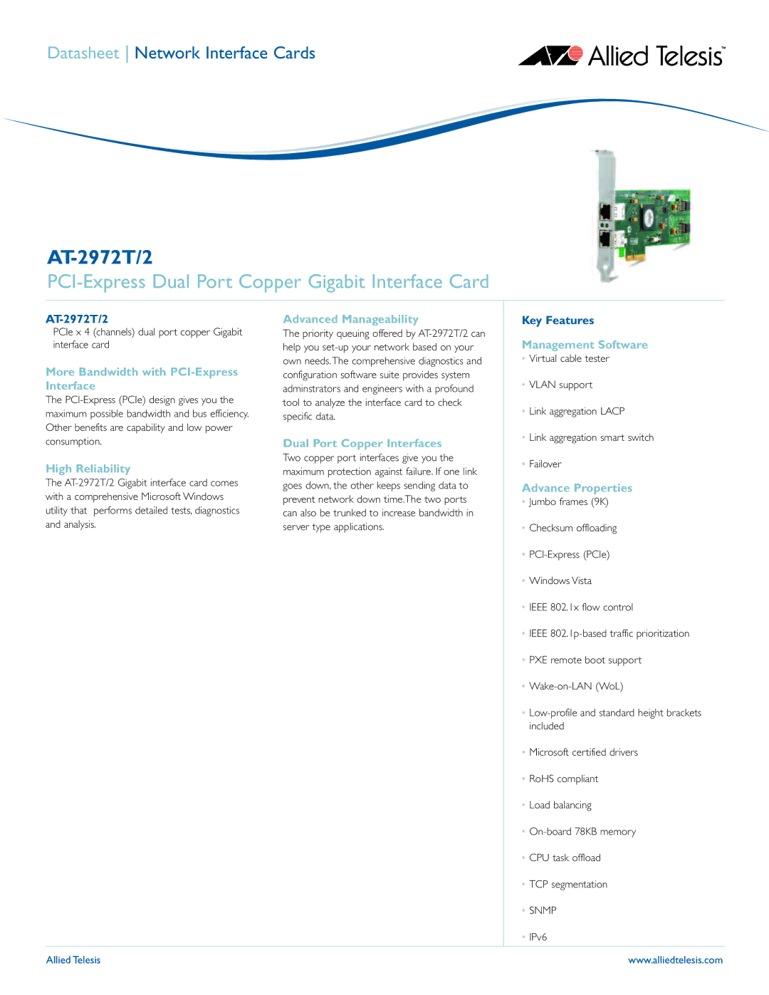 Allied Telesis AT-2972T/2 manual More Bandwidth with PCI-Express Interface, High Reliability, Advanced Manageability 