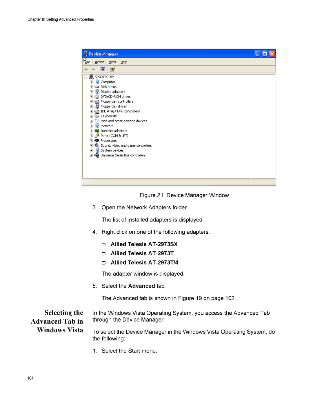 Allied Telesis AT-2973SX, AT-2973T/4 manual Selecting Advanced Tab Windows Vista 