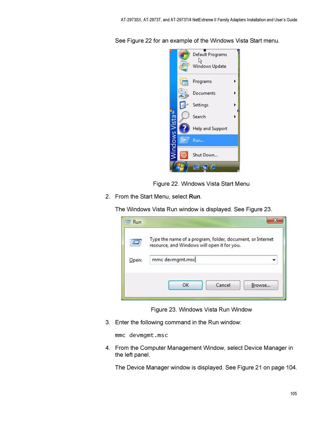 Allied Telesis AT-2973T/4, AT-2973SX manual Windows Vista Run Window 