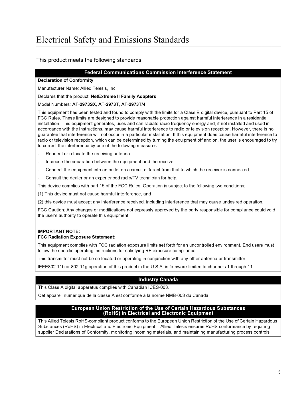 Allied Telesis AT-2973T/4, AT-2973SX manual Electrical Safety and Emissions Standards 