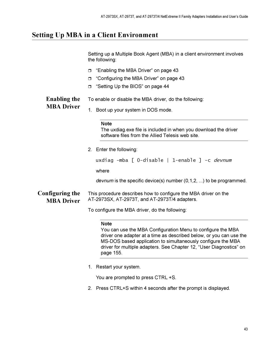 Allied Telesis AT-2973T manual Setting Up MBA in a Client Environment, Enabling the MBA Driver, Configuring the MBA Driver 