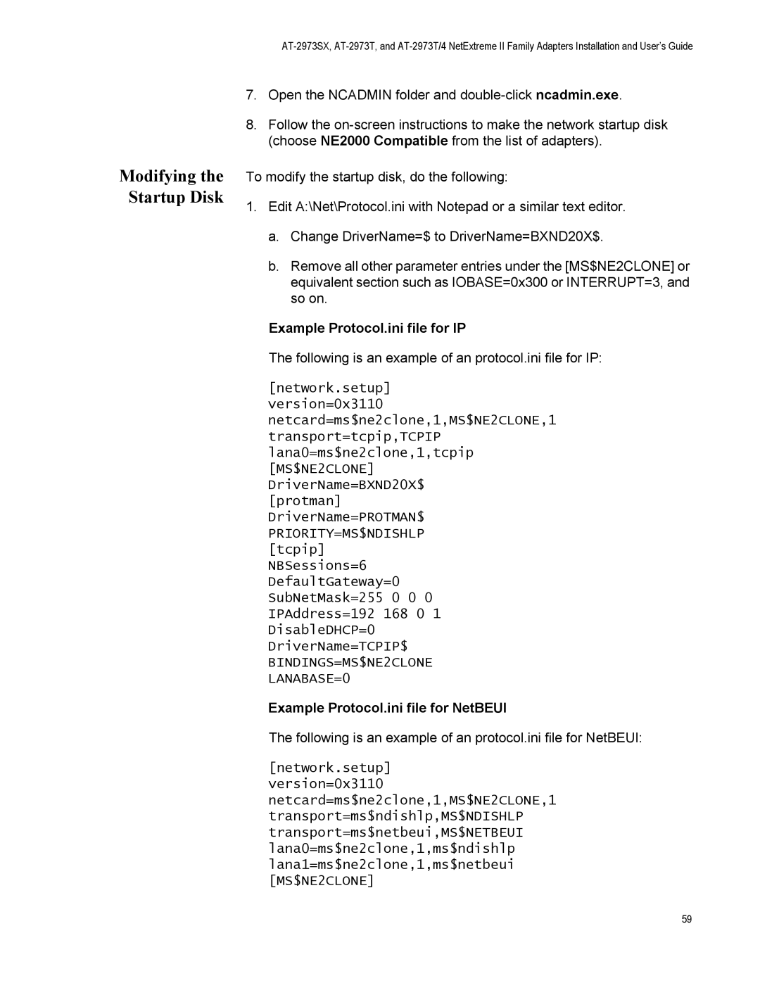 Allied Telesis AT-2973SX manual Modifying the Startup Disk, Example Protocol.ini file for IP, Network.setup Version=0x3110 