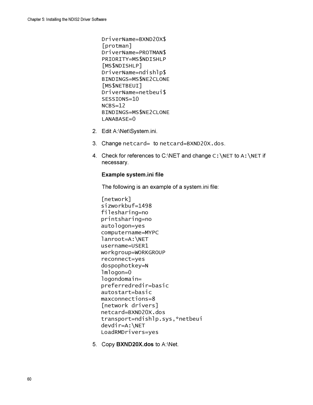 Allied Telesis AT-2973T/4, AT-2973SX manual Change netcard= to netcard=BXND20X.dos, Example system.ini file 