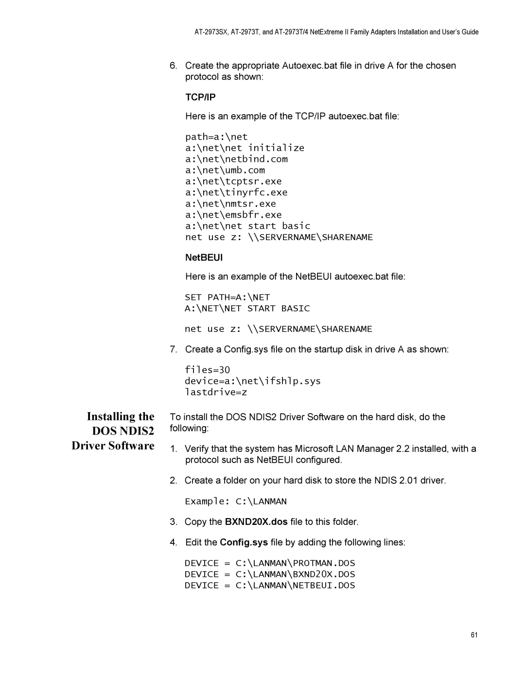 Allied Telesis AT-2973T/4, AT-2973SX manual Installing, Driver Software, NetBEUI 