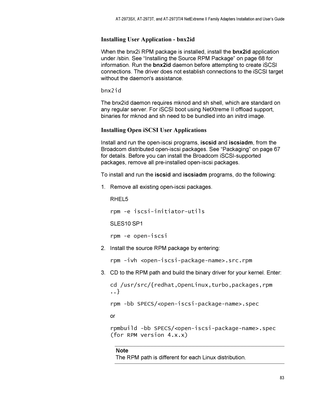 Allied Telesis AT-2973SX, AT-2973T/4 manual Installing User Application bnx2id, Installing Open iSCSI User Applications 