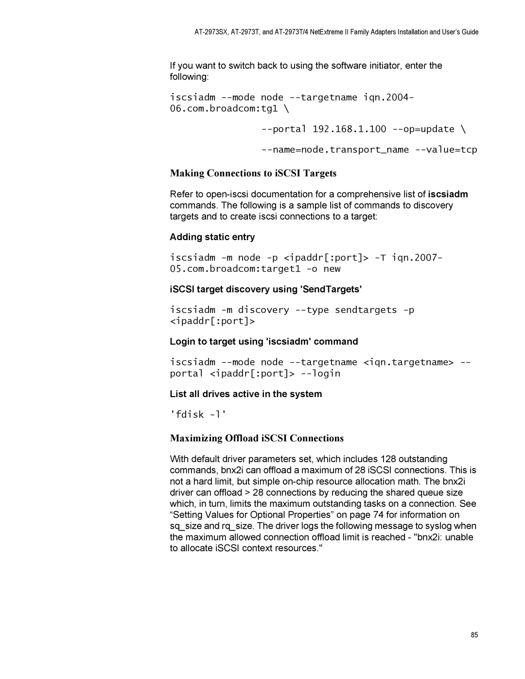 Allied Telesis AT-2973T/4, AT-2973SX manual Making Connections to iSCSI Targets, Maximizing Offload iSCSI Connections 