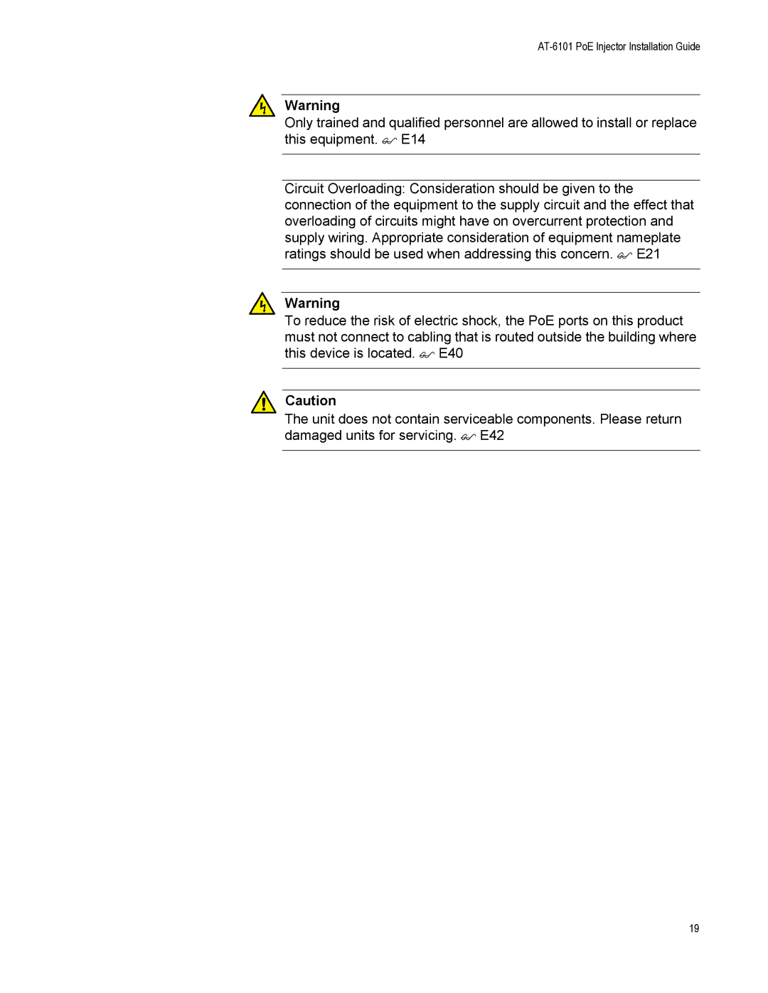 Allied Telesis AT-6101GP manual AT-6101 PoE Injector Installation Guide 