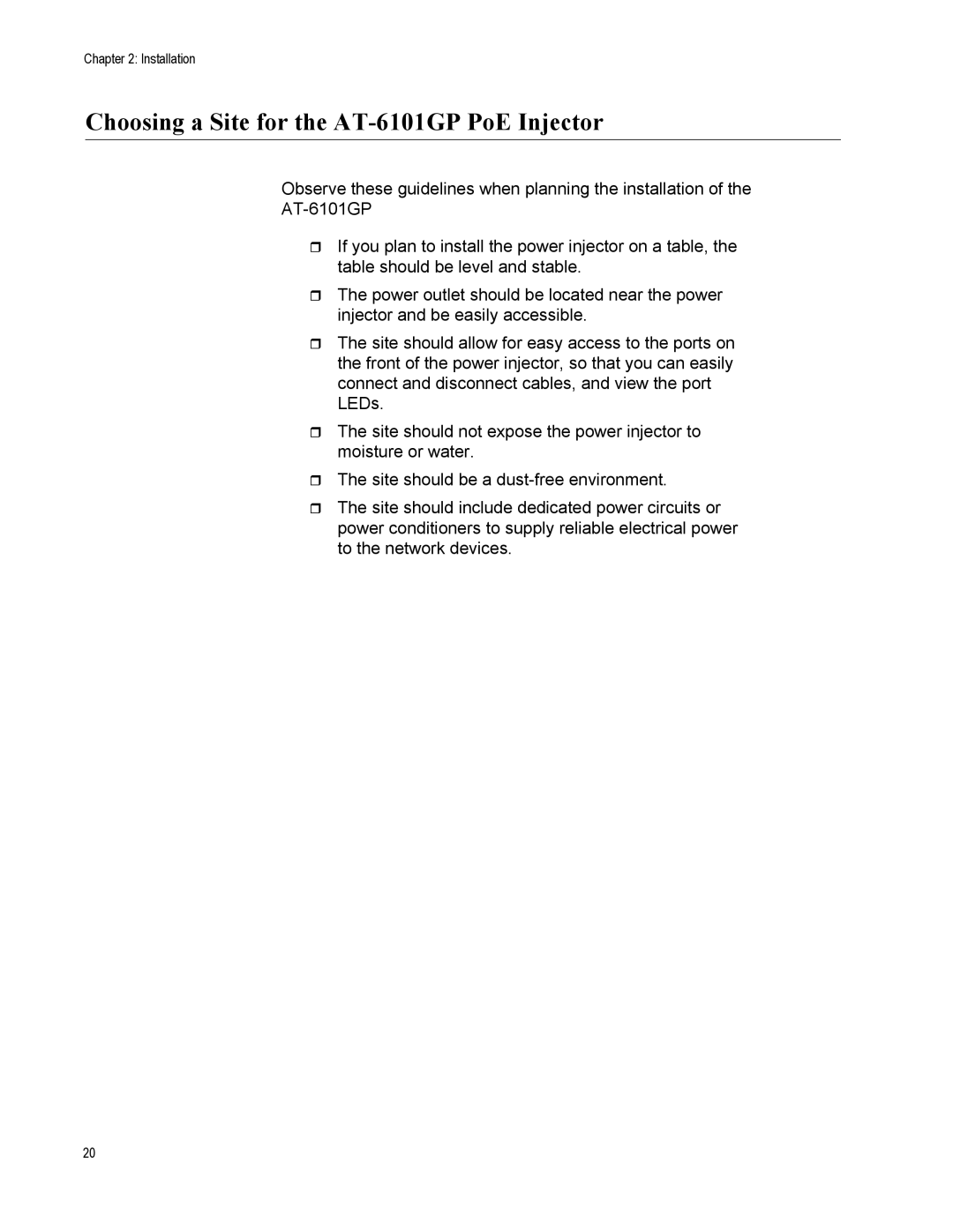 Allied Telesis manual Choosing a Site for the AT-6101GP PoE Injector 