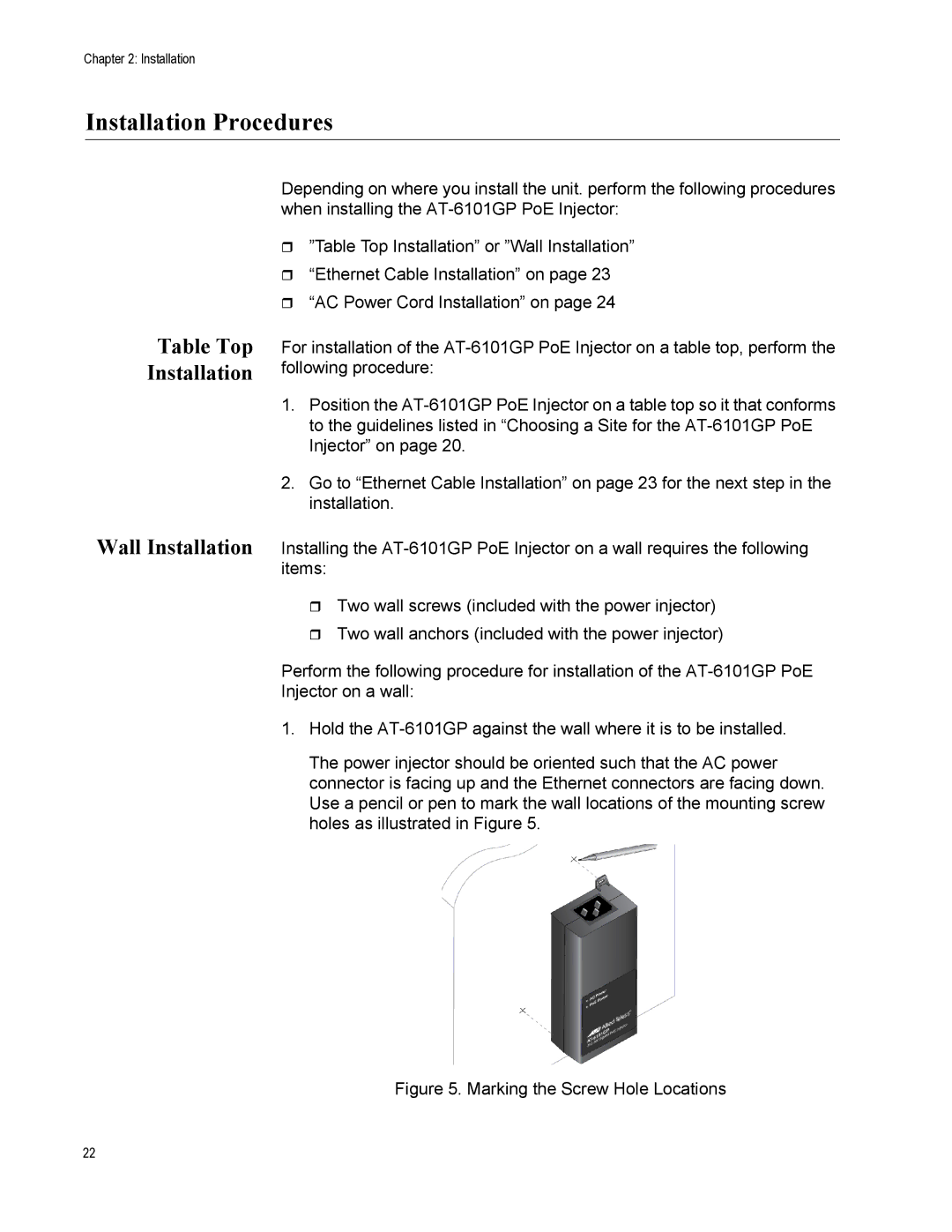 Allied Telesis AT-6101GP manual Installation Procedures, Table Top Installation Wall Installation 