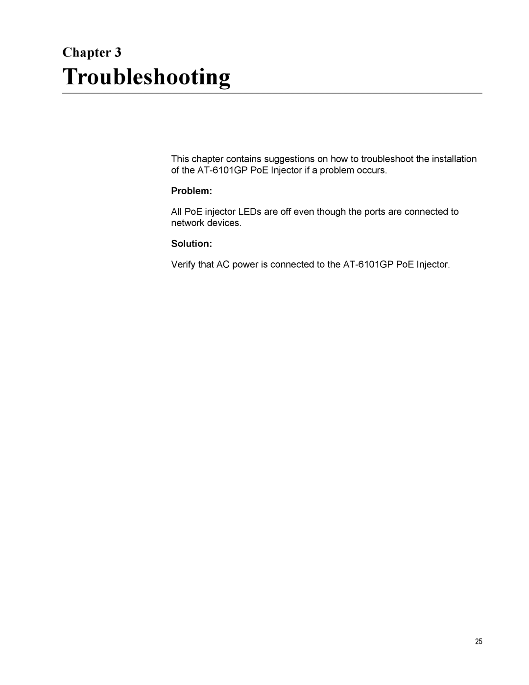 Allied Telesis AT-6101GP manual Troubleshooting, Chapter 