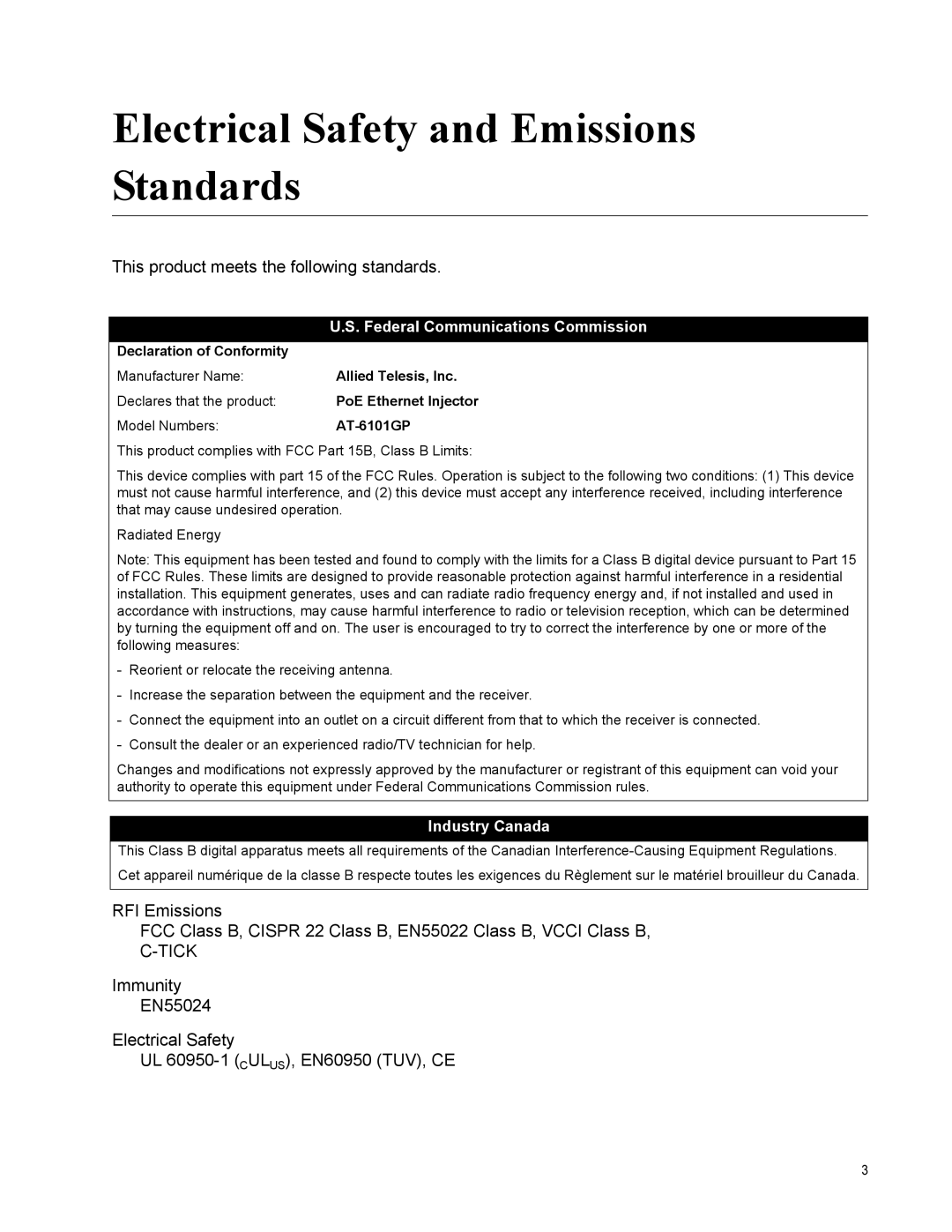 Allied Telesis AT-6101GP manual Electrical Safety and Emissions Standards, This product meets the following standards 