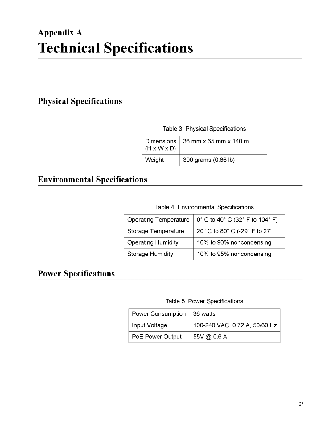 Allied Telesis AT-6101GP manual Technical Specifications, Appendix a, Physical Specifications, Environmental Specifications 