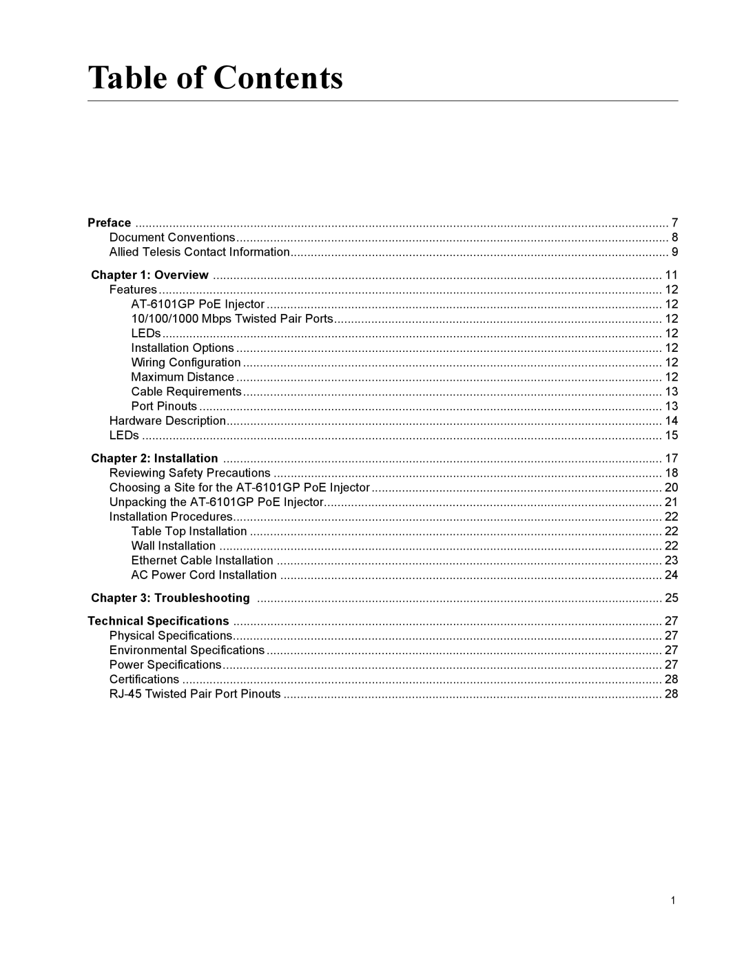 Allied Telesis AT-6101GP manual Table of Contents 