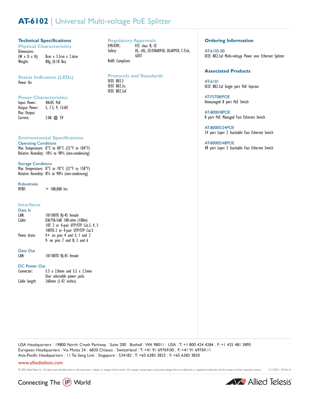 Allied Telesis manual AT-6102 Universal Multi-voltage PoE Splitter 