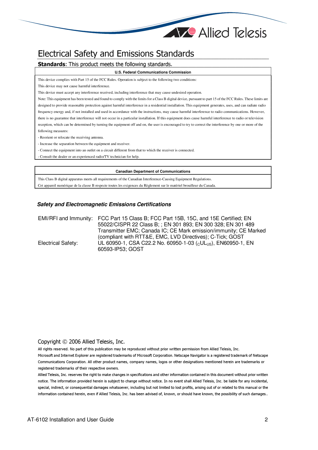 Allied Telesis AT-6102 Electrical Safety and Emissions Standards, Safety and Electromagnetic Emissions Certifications 