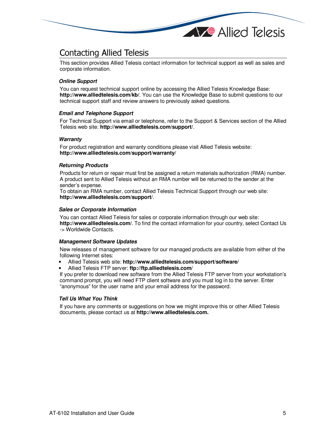 Allied Telesis AT-6102 manual Contacting Allied Telesis, Sales or Corporate Information Management Software Updates 
