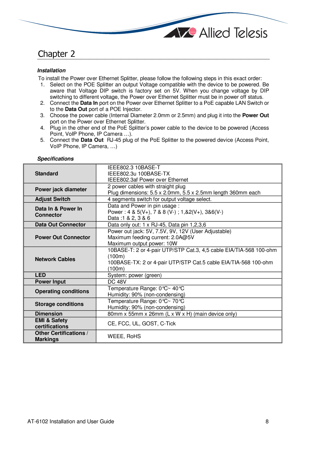 Allied Telesis AT-6102 manual Installation, Specifications 