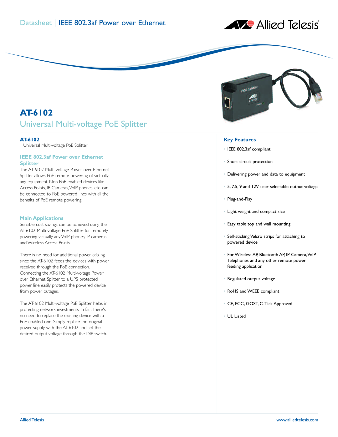 Allied Telesis AT-6102 manual PN 613-000635 Rev A, IEEE 802.3af Universal Multi-voltage PoE Splitter 