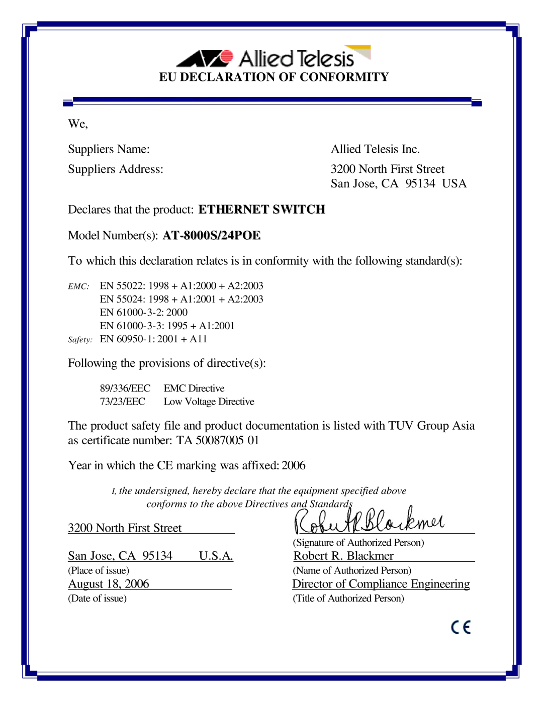 Allied Telesis AT-8000C manual EU Declaration of Conformity 