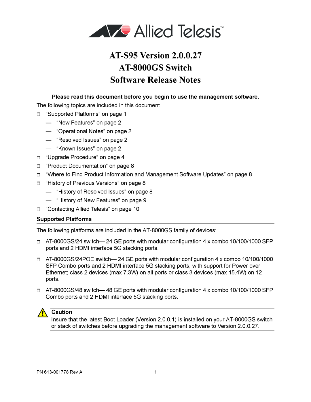 Allied Telesis manual Supported Platforms, AT-S95 Version AT-8000GS Switch Software Release Notes 