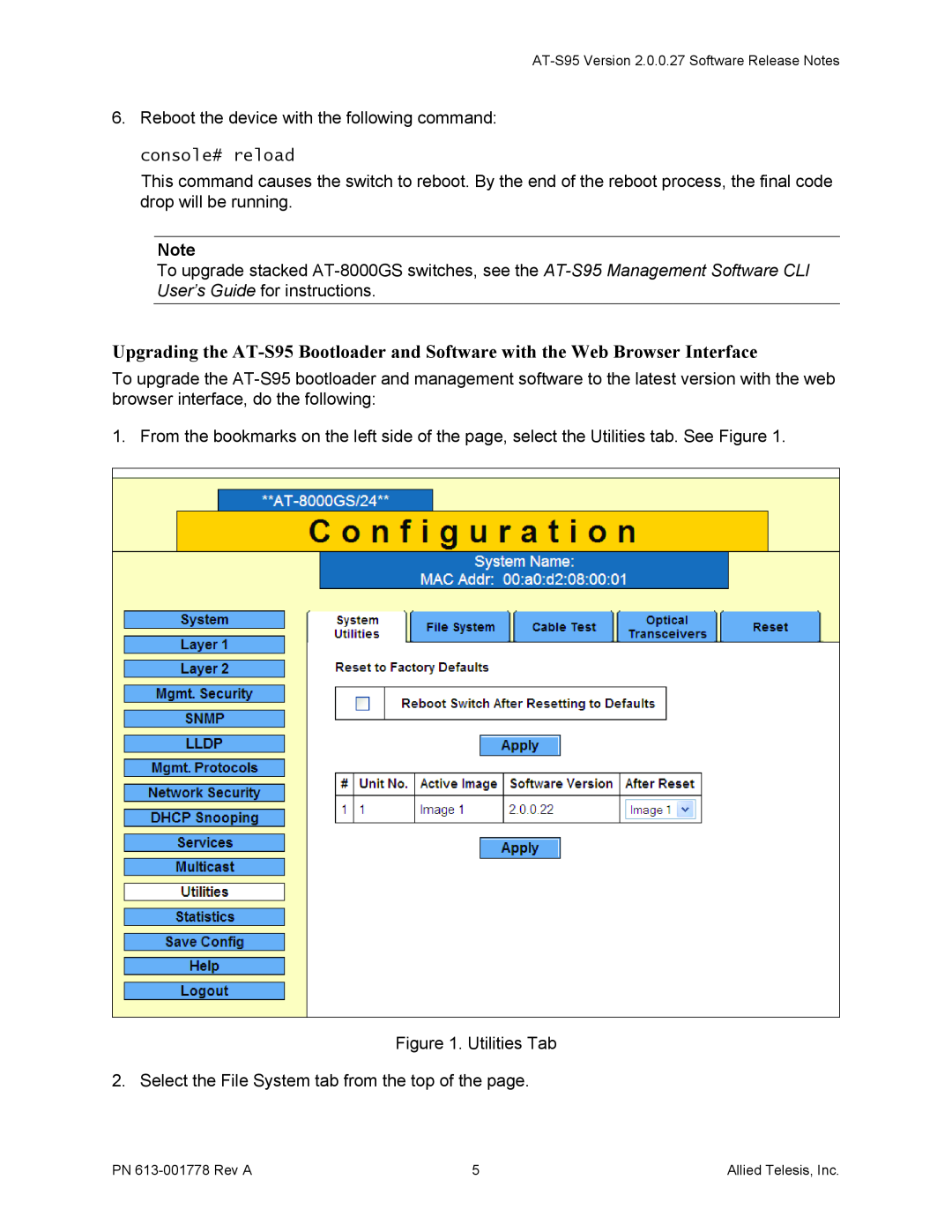 Allied Telesis AT-S95, AT-8000GS manual Reboot the device with the following command 