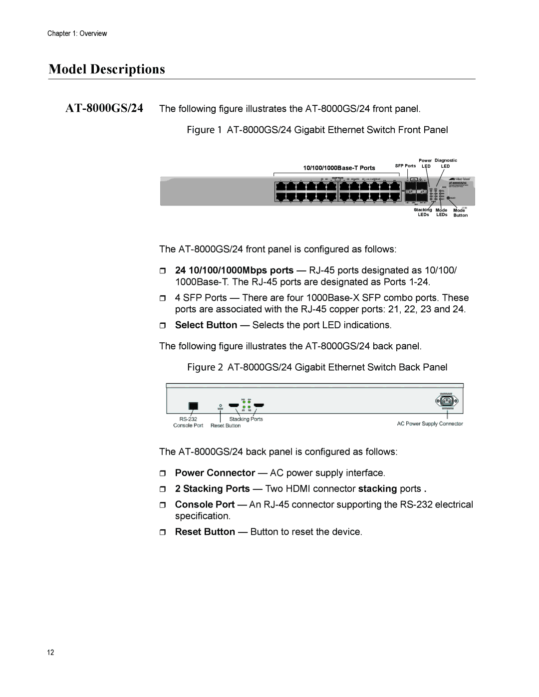 Allied Telesis AT-8000GS/24, AT-8000GS/POE manual Model Descriptions, ˆ 2 Stacking Ports Two Hdmi connector stacking ports 