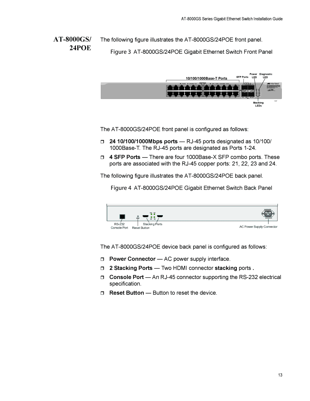 Allied Telesis AT-8000GS/POE manual AT-8000GS/24POE Gigabit Ethernet Switch Front Panel 