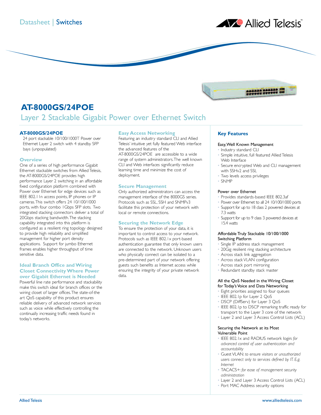 Allied Telesis AT-8000GS/24POE manual Overview, Easy Access Networking, Secure Management, Securing the Network Edge 