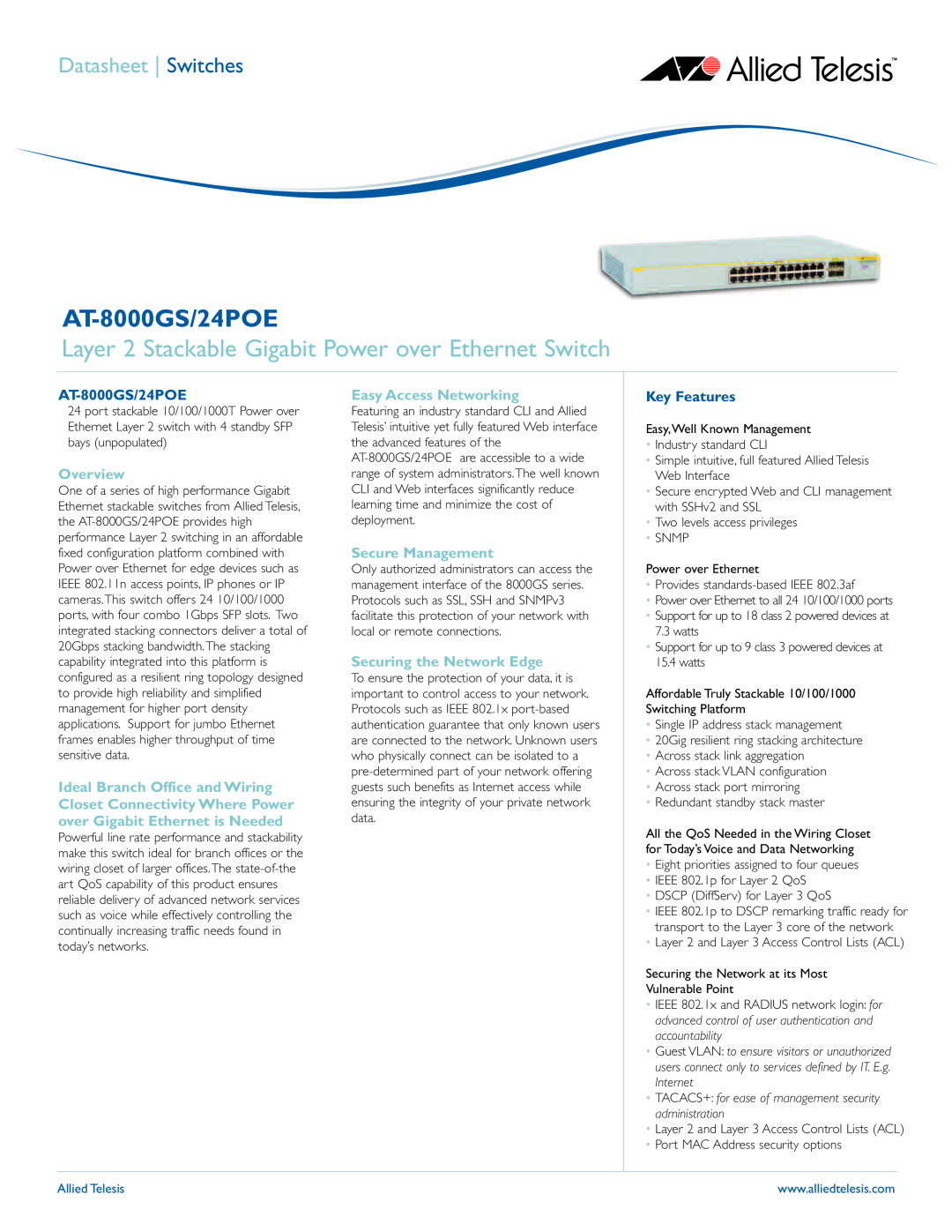 Allied Telesis AT-8000GS/24POE manual Layer 2 Stackable Gigabit Power over Ethernet Switch, Key Features, Allied Telesis 
