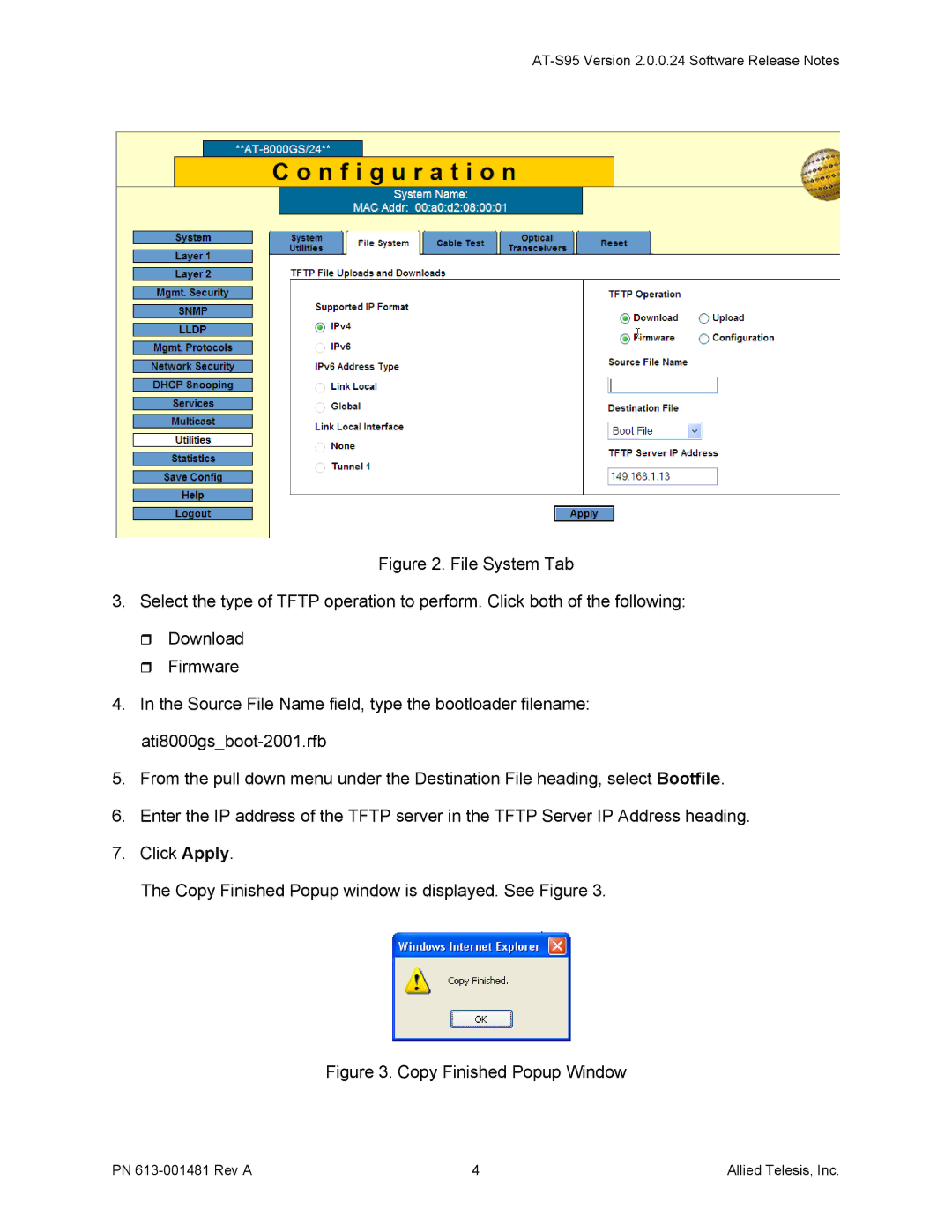 Allied Telesis AT-8000GS/24POE, AT-8000GS/48 manual Copy Finished Popup Window 