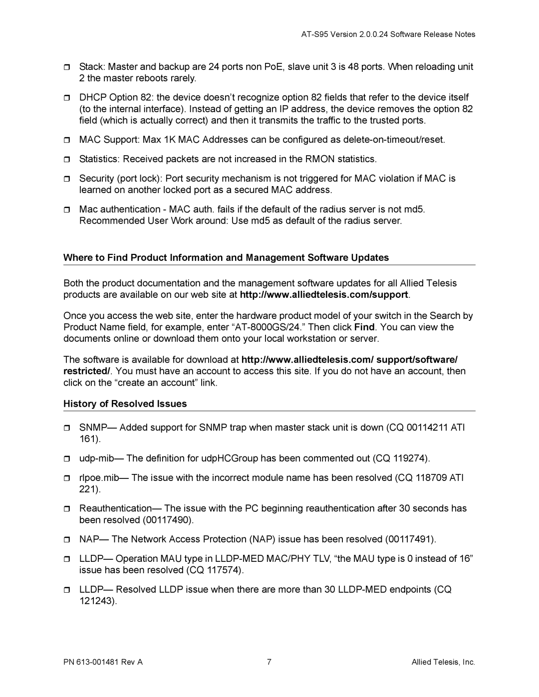 Allied Telesis AT-8000GS/24POE, AT-8000GS/48 manual History of Resolved Issues 