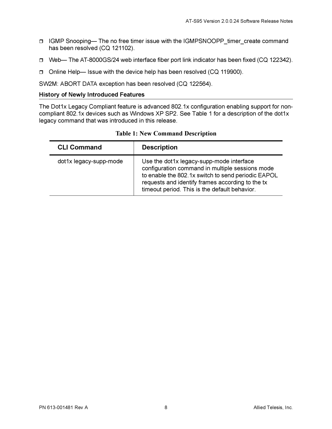 Allied Telesis AT-8000GS/48, AT-8000GS/24POE manual CLI Command Description, History of Newly Introduced Features 