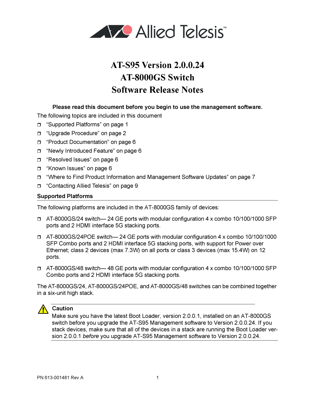Allied Telesis AT-8000GS/24POE manual Supported Platforms, AT-S95 Version AT-8000GS Switch Software Release Notes 